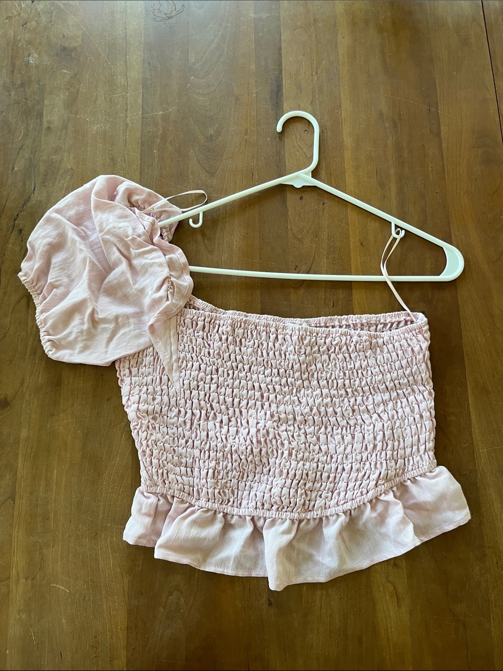 Le Lis Pink Smocked One-Shoulder Crop Top with Ruffle